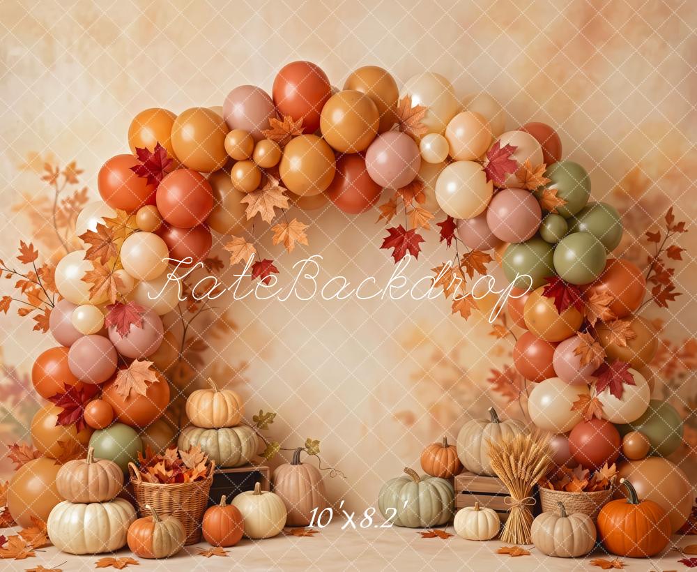 Kate Fall Birthday Pumpkin Balloon Arch With Leaves Printed Backdrop Designed by Patty Roberts