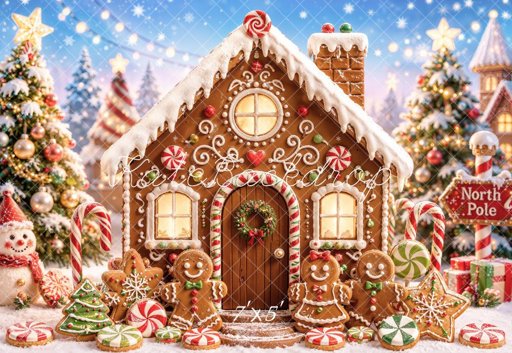 Kate Christmas Gingerbread House Candy Cane Snowman Printed Backdrop Designed by Chain Photography