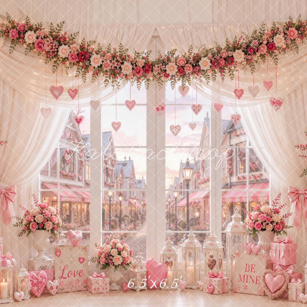 Kate Valentine's Day Floral Window Hanging Hearts Street View Printed Backdrop Designed by Emetselch