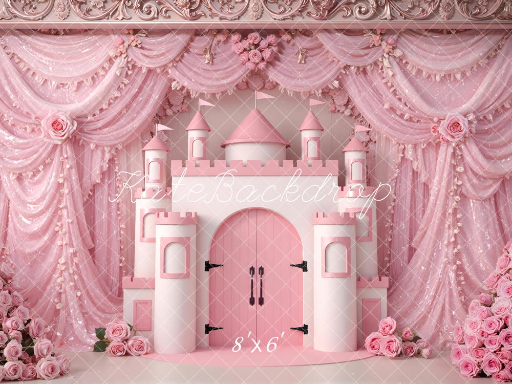 Kate Pink Castle Flower Arch Drapes Printed Backdrop Designed by Mini MakeBelieve