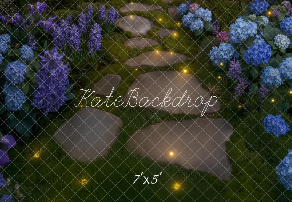 Kate Stone Pathway Fairy Garden Blue and Purple Flowers Floor Backdrop Designed by Kate Image