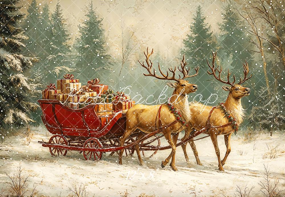 Kate Christmas Reindeer Sleigh Forest Snowy Backdrop Designed by Emetselch