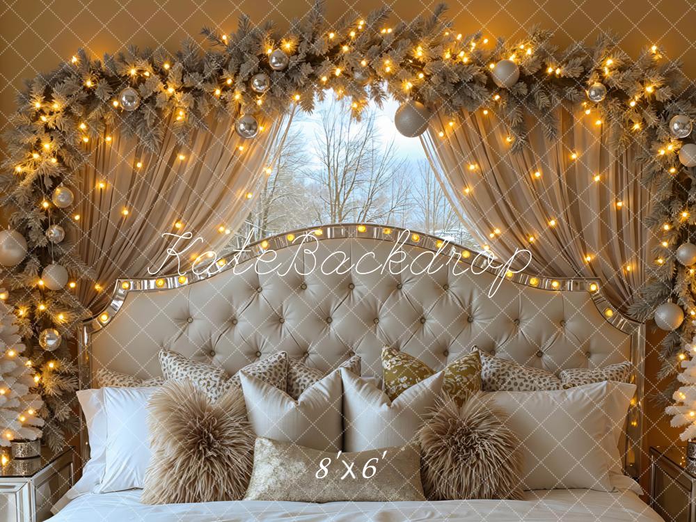 Kate Christmas Tufted Headboard Garland Lights Beige Backdrop Designed by Mini MakeBelieve