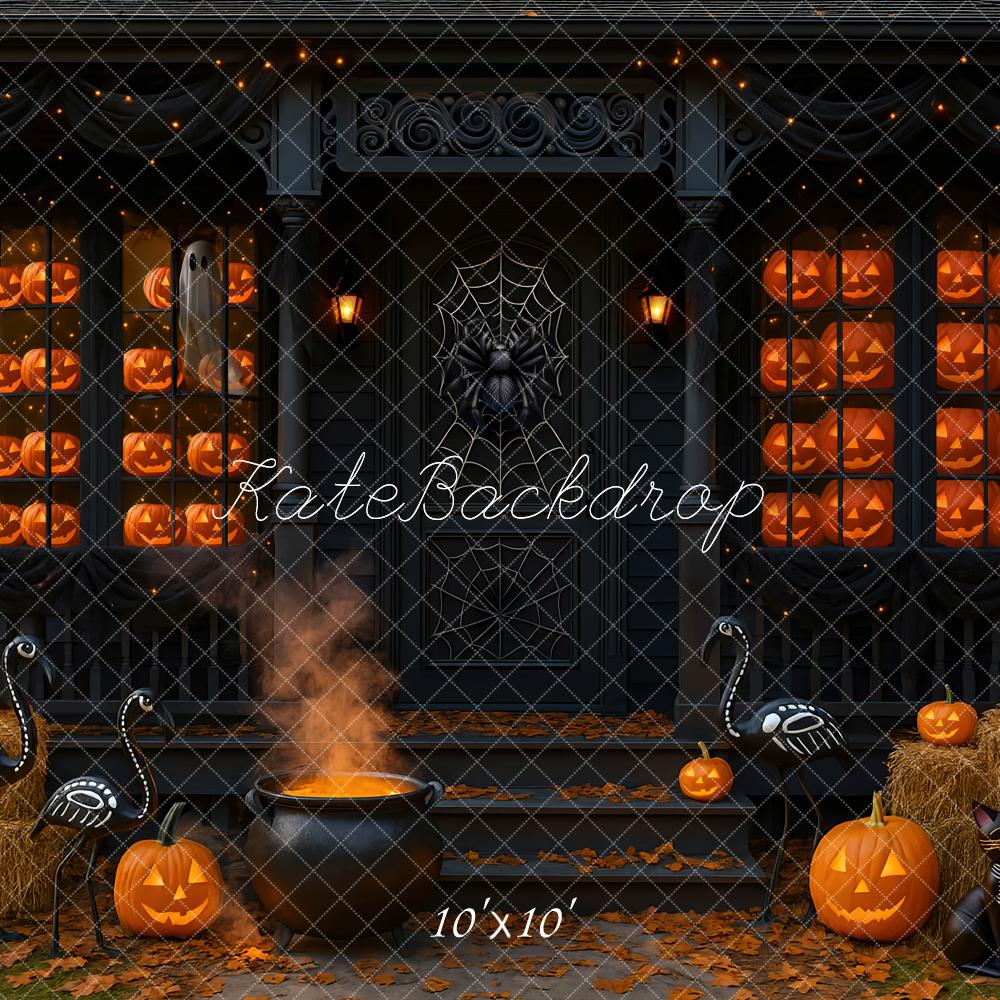 Kate Halloween Porch Pumpkins Cauldron Spider Web Backdrop Designed by Mini MakeBelieve