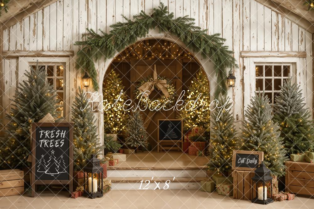Kate Christmas Rustic Wood Barn Porch Pine Trees Lights Backdrop Designed by Emetselch