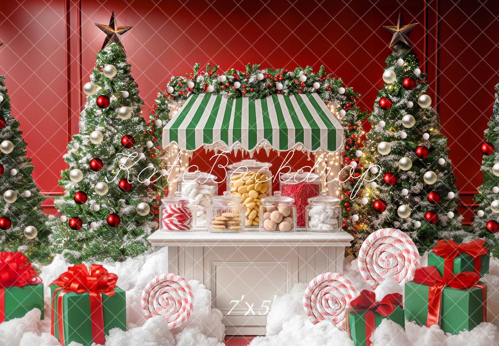 Kate Christmas Tree Candy Stand Gifts Red Backdrop Designed by Mini MakeBelieve