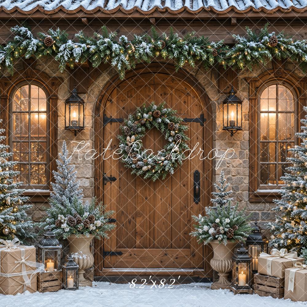 Kate Christmas Trees Rustic Cabin Wood Door Garland Snowy Printed Backdrop Designed by Emetselch