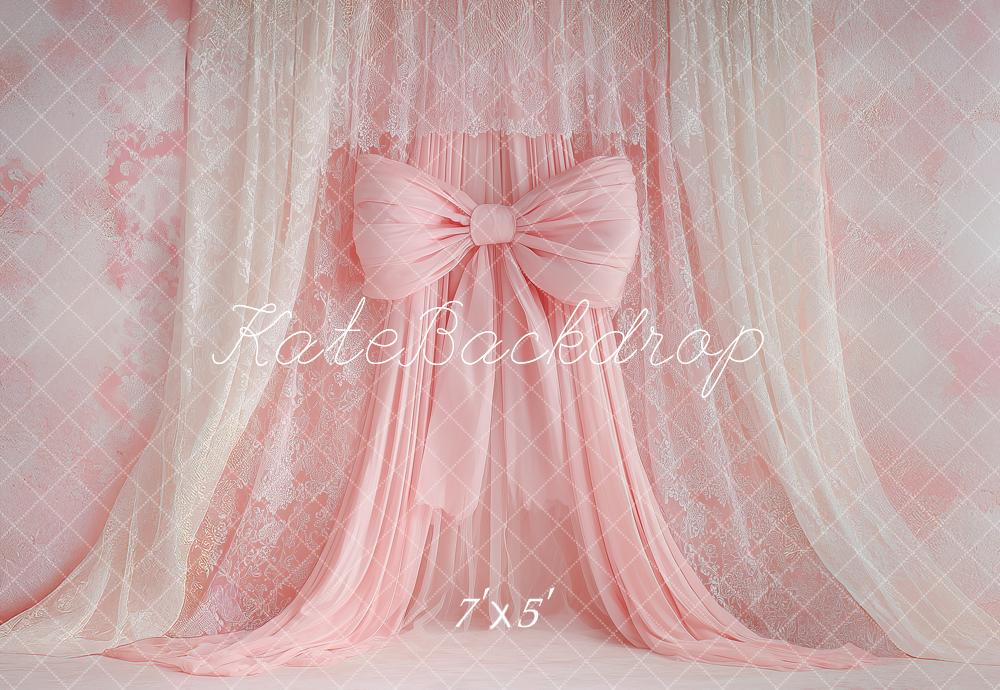 Kate Coquette Lace Bow Drapes Pink Printed Backdrop Designed by Angela Miller
