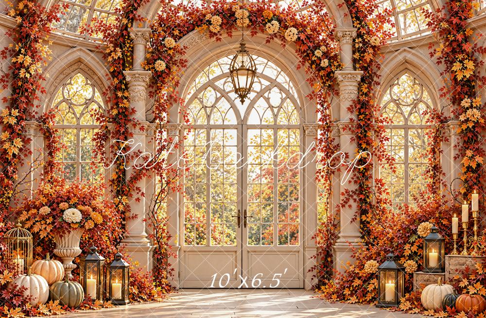 Kate Fall Gothic Greenhouse Pumpkins Flower Arch Orange Leaves Printed Backdrop Designed by Emetselch