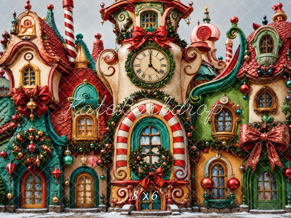 Kate Christmas Whimsical Candy House Clocktower Printed Backdrop Designed by Vertigo Productions