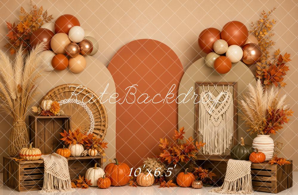 Kate Fall Boho Pumpkin Arch Balloons Crates Printed Backdrop Designed by Emetselch