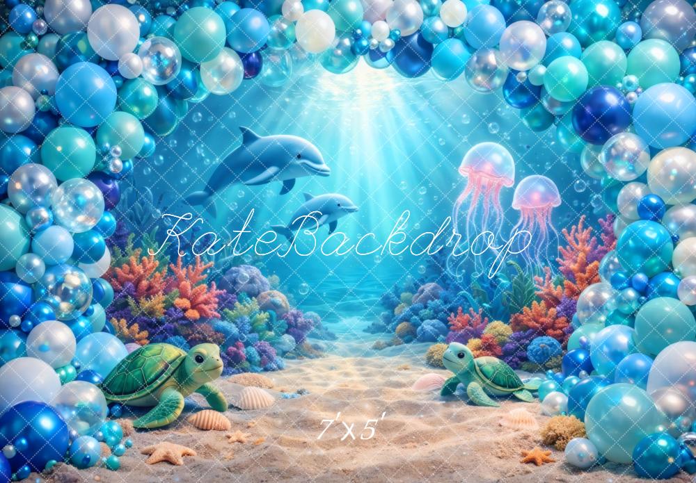 Kate Underwater Balloon Arch Turtles Dolphins Jellyfish Coral Printed Backdrop Designed by Vertigo Productions