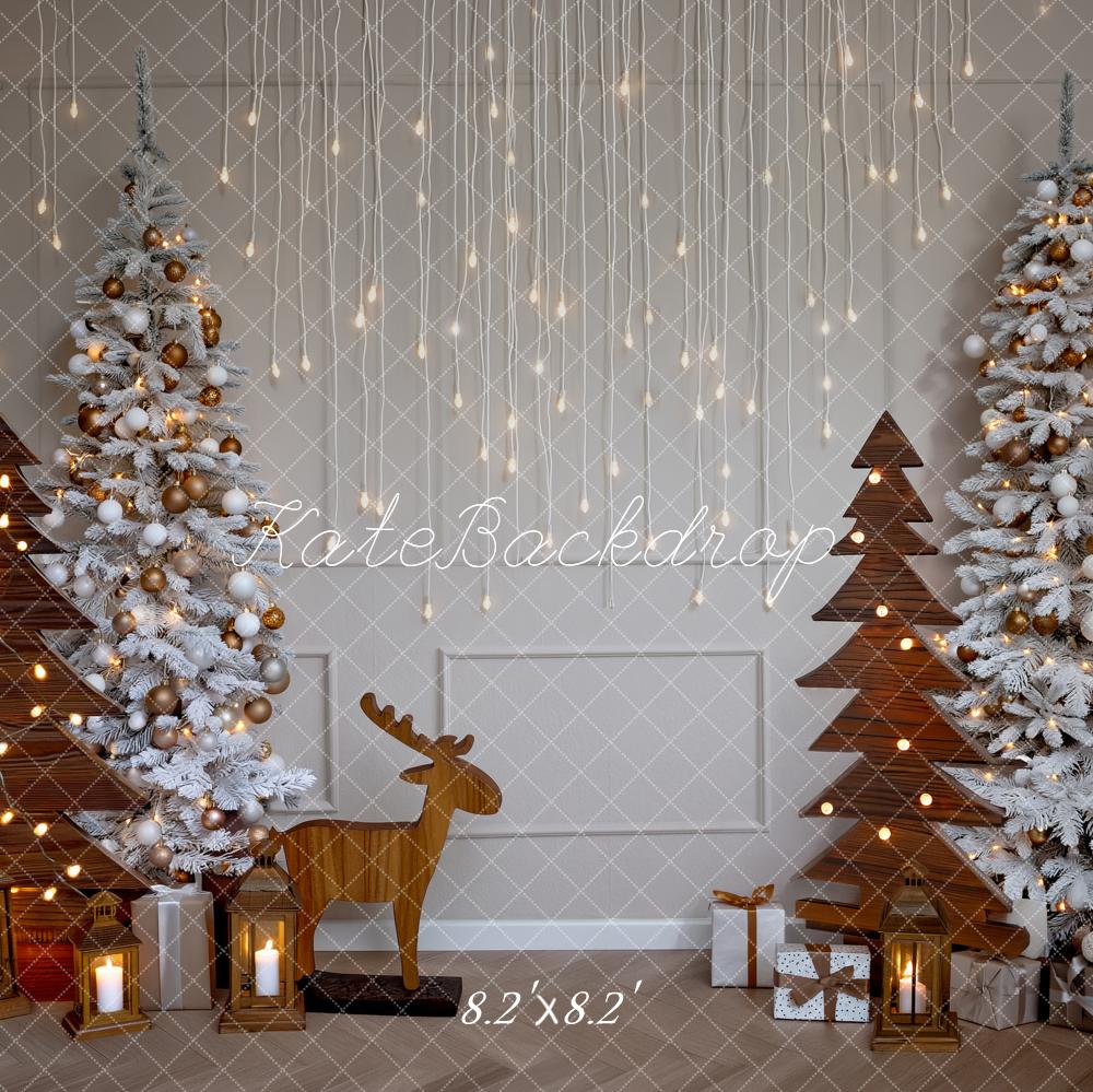Kate Christmas Trees Wooden Reindeer Lanterns Printed Backdrop Designed by Fantasyphotoart