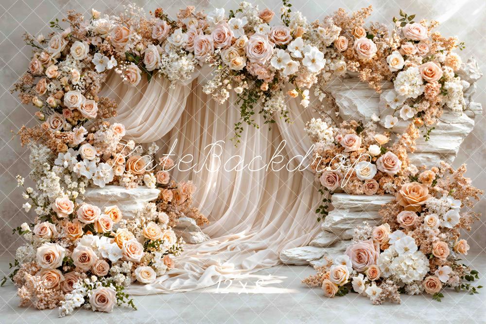 TEST Kate Flower Arch Cream Roses Stone Drapes Printed Backdrop Designed by Mini MakeBelieve