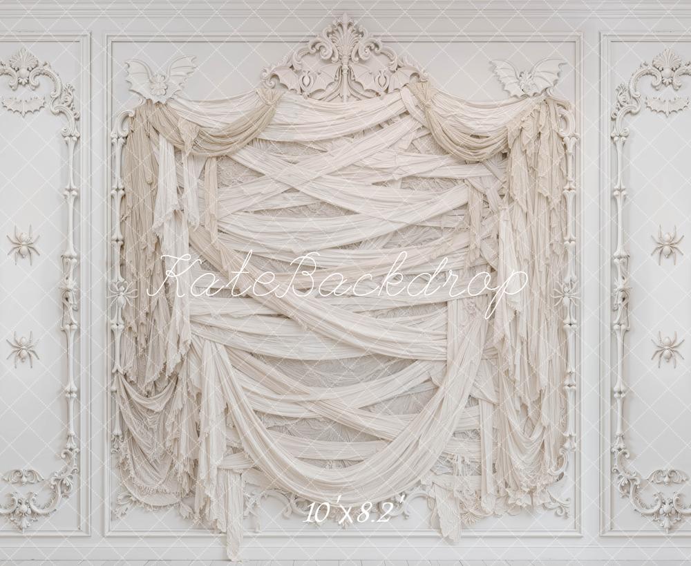 Kate Halloween Mummy Wall White Drapes Printed Backdrop Designed by Mini MakeBelieve