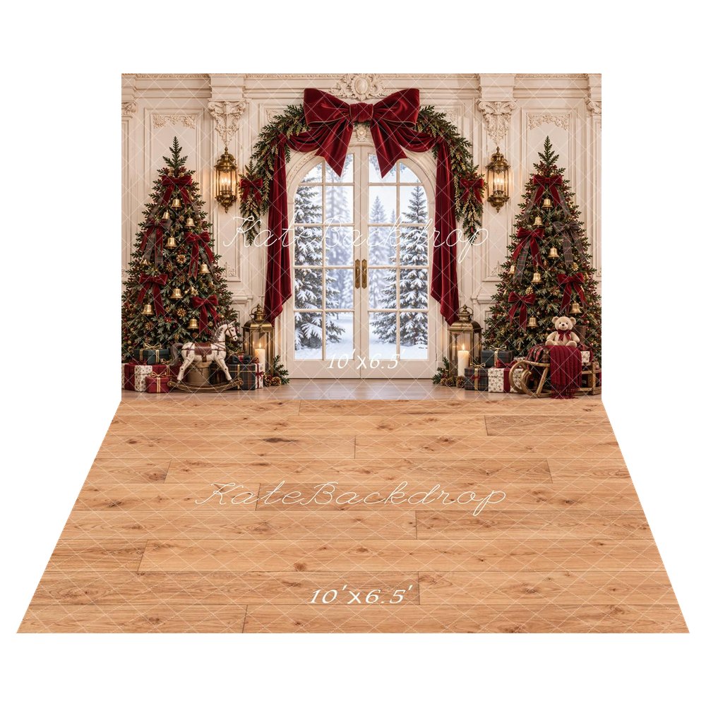 Kate Christmas Snowy Window Garland Christmas Trees Printed Backdrop+Light Brown Wood Plank Floor Backdrop Printed Backdrop