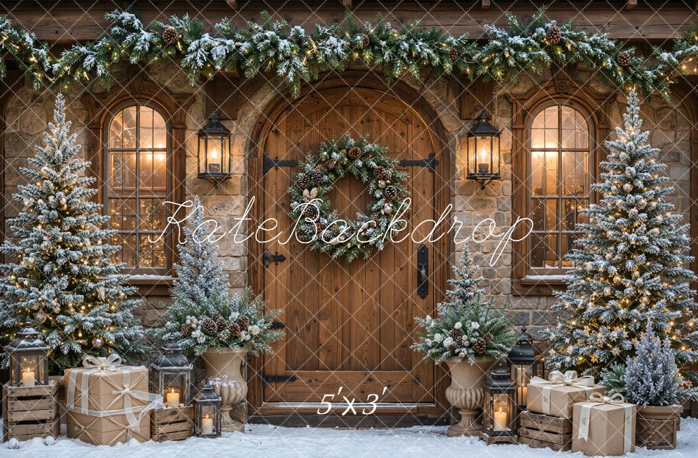 Kate Christmas Trees Rustic Cabin Wood Door Garland Snowy Printed Backdrop Designed by Emetselch