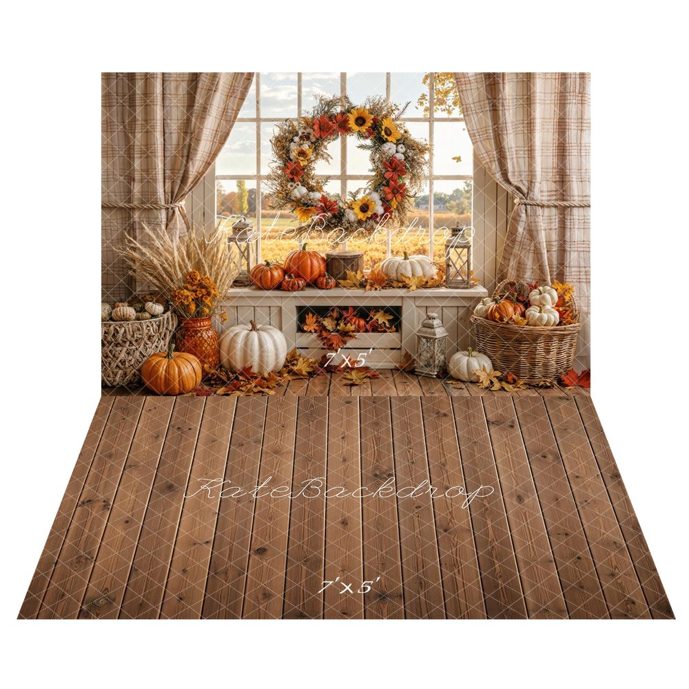 Kate Fall Rustic Pumpkin Wreath Window Printed Backdrop+Brown Wooden Plank Retro Floor Printed Backdrop