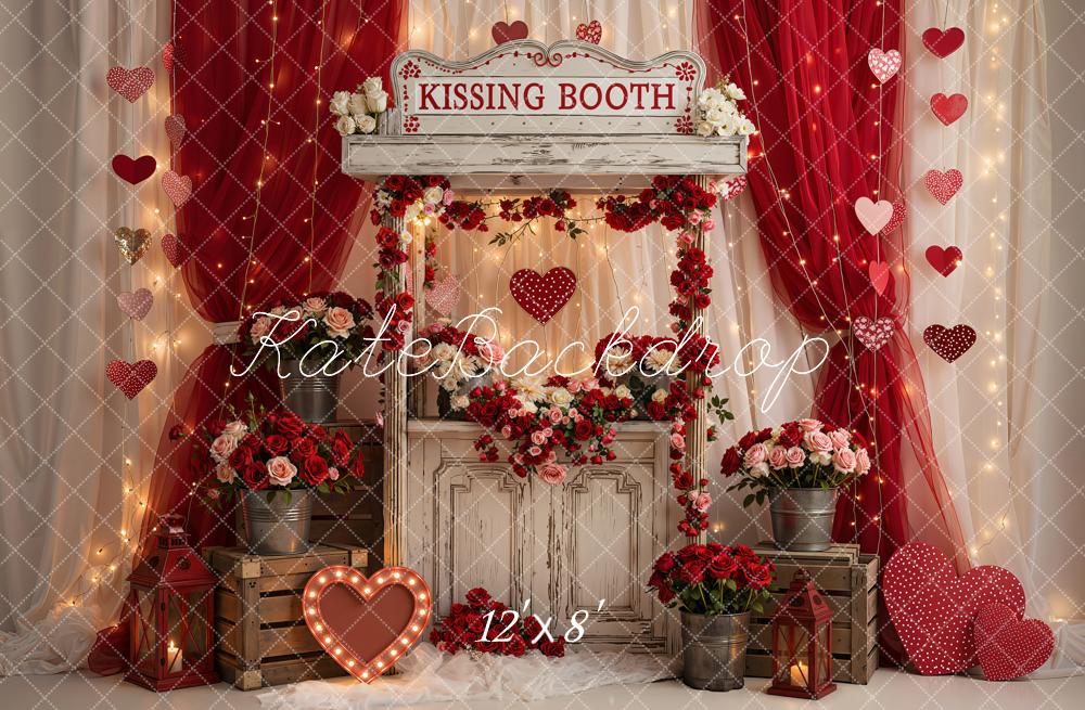 Kate Valentine's Day Red Kissing Booth Curtains Hearts Roses Printed Backdrop Designed by Emetselch