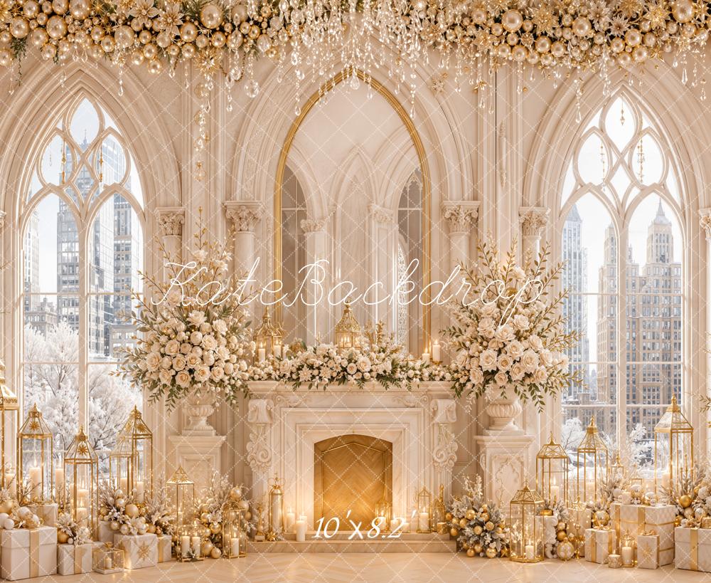 Kate Christmas Luxury White Floral Fireplace Windows City View Printed Backdrop Designed by Emetselch