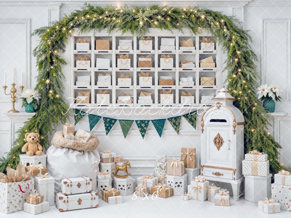 Kate Christmas White Interior Mailbox Evergreen Garland Gift Printed Backdrop Designed by Mini MakeBelieve