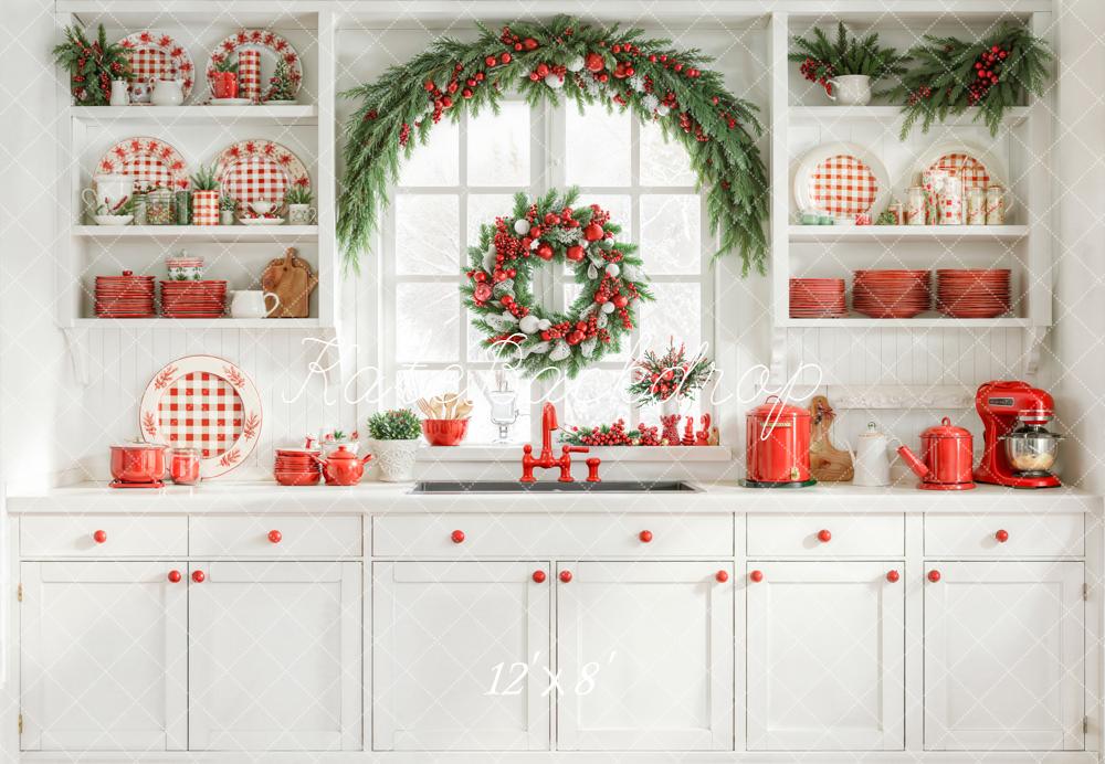 Kate Christmas Kitchen Red Plaid Dishes Garland Wreath Window Backdrop Designed by Emetselch