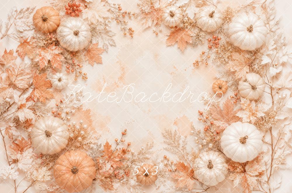 Kate Fall Pumpkins Maple Leaves Beige Printed Backdrop Designed by Megan Leigh Photography