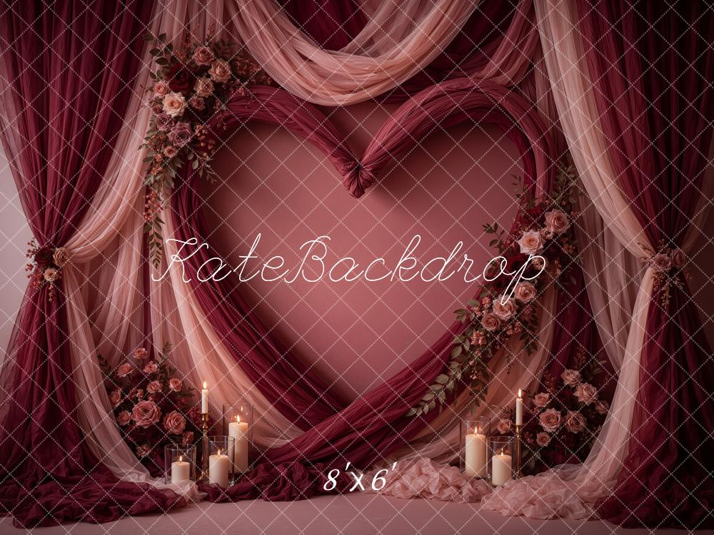 Kate Valentine's Day Burgundy Drapes Floral Heart Cozy Printed Backdrop Designed by Ashley Ward