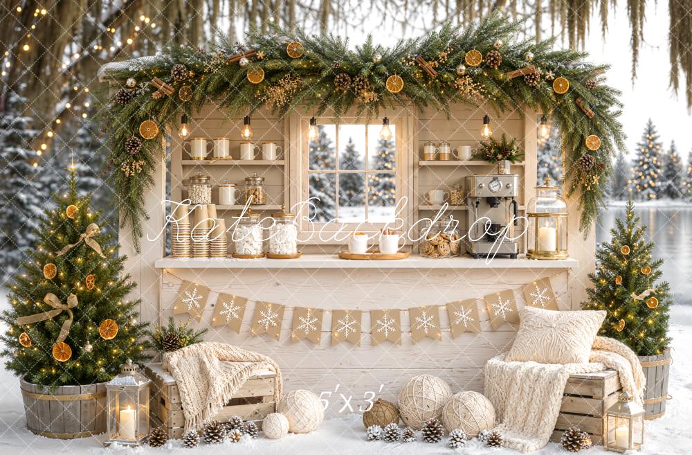 Kate Christmas Snowy Rustic Coffee Bar Dried Orange Slices Printed Backdrop Designed by Emetselch
