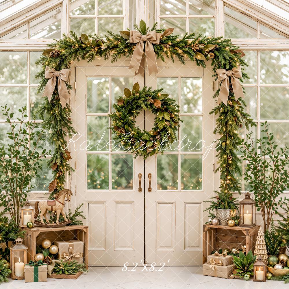 Kate Christmas Greenhouse Door Garland Evergreen Wreath Rustic Printed Backdrop Designed by Emetselch