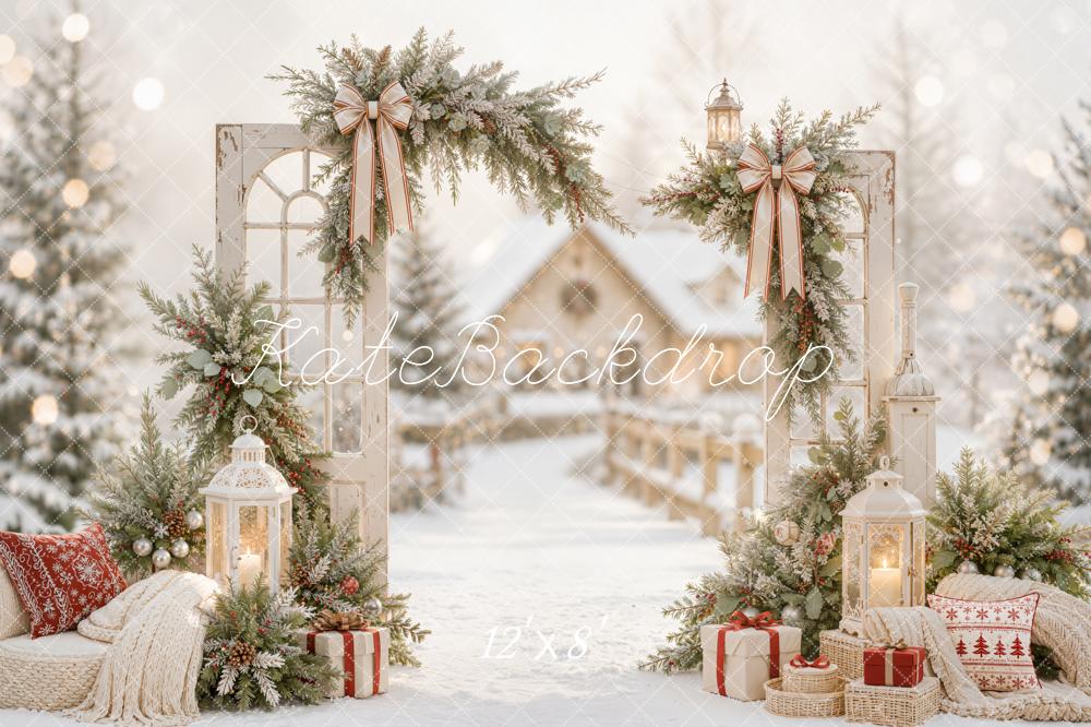 Kate Christmas Door Snowy Arch Garland Lanterns Village Printed Backdrop Designed by Emetselch