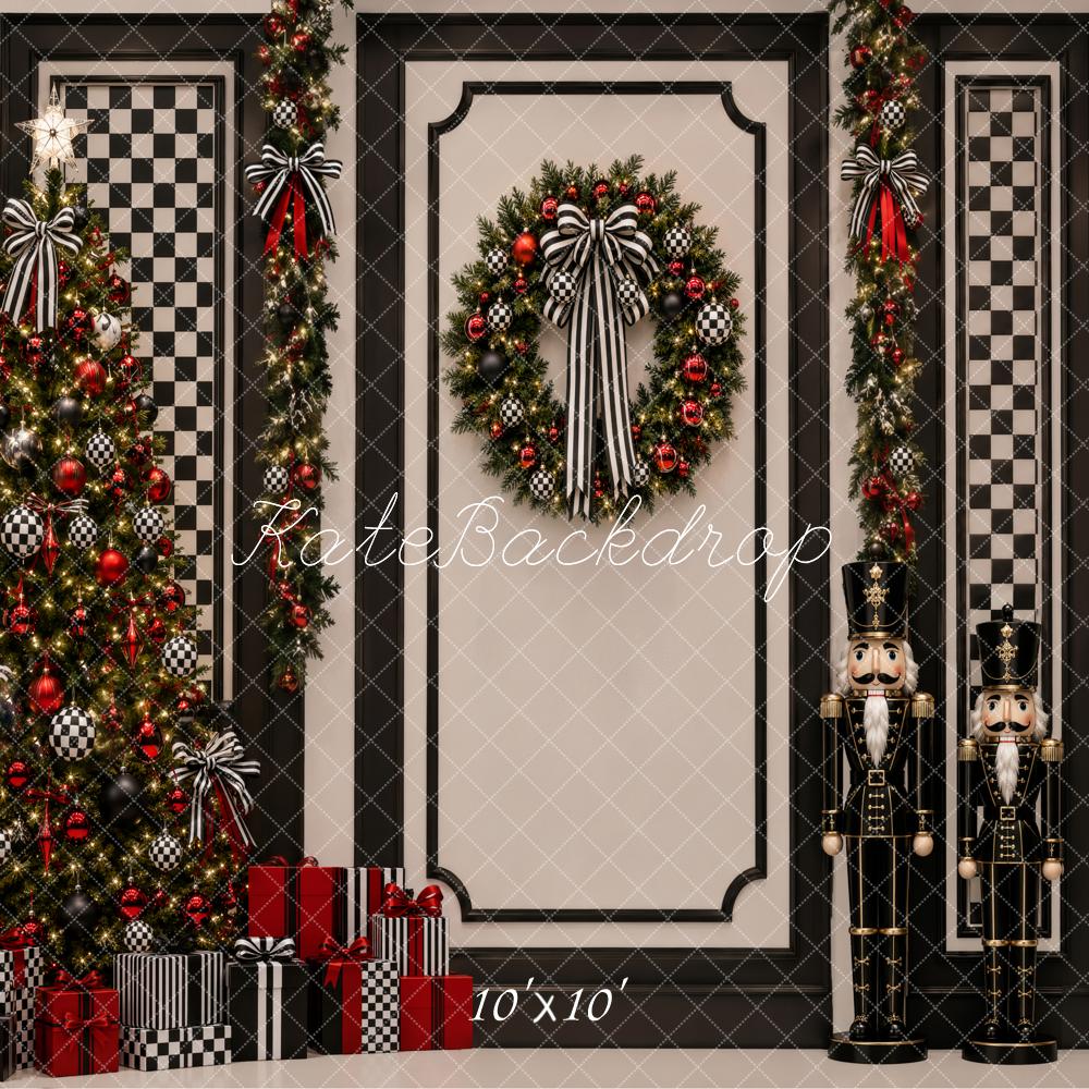 Kate Christmas Nutcracker Tree Wreath Checkered Black Printed Backdrop Designed by Vertigo Productions
