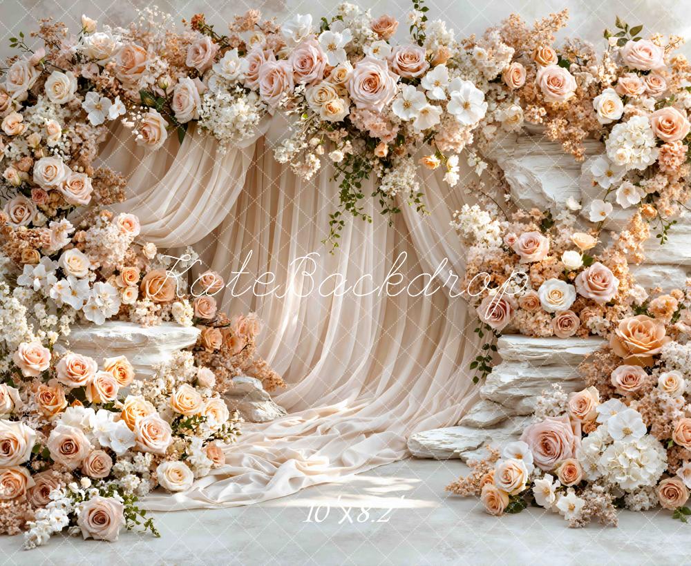 TEST Kate Flower Arch Cream Roses Stone Drapes Printed Backdrop Designed by Mini MakeBelieve