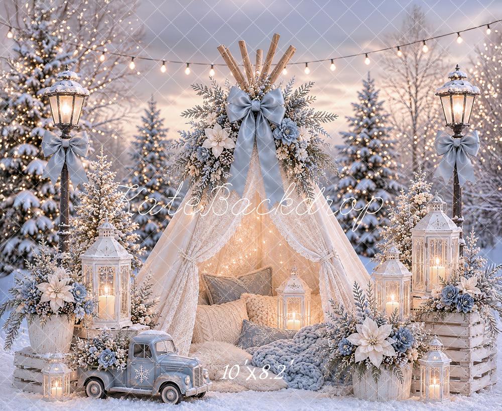 Kate Christmas Forest Lace Teepee Lamps Vintage Truck Bow Printed Backdrop Designed by Ashley Paul