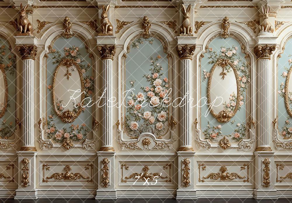 Kate Vintage Ornate Wall Floral Columns Rabbits Printed Backdrop Designed by Mini MakeBelieve