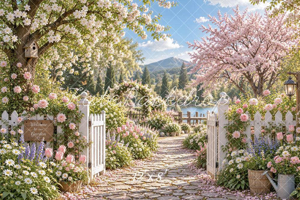 Kate Spring Cherry Blossoms Flower Garden Gate Mountain View Printed Backdrop Designed by Emetselch