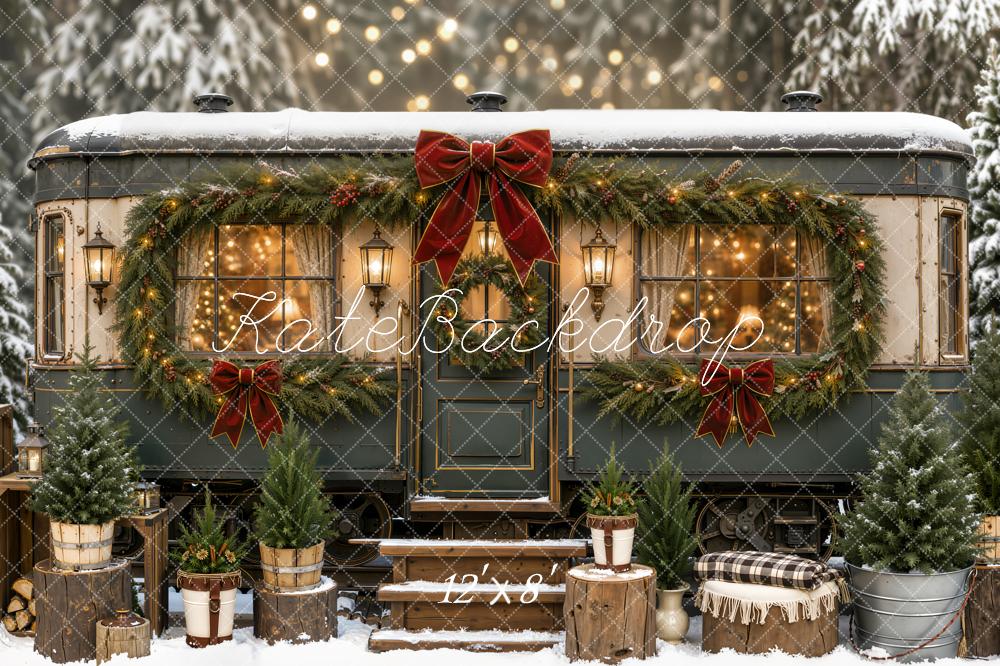 Kate Christmas Snowy Garland Trailer Res Bow Printed Backdrop Designed by Emetselch