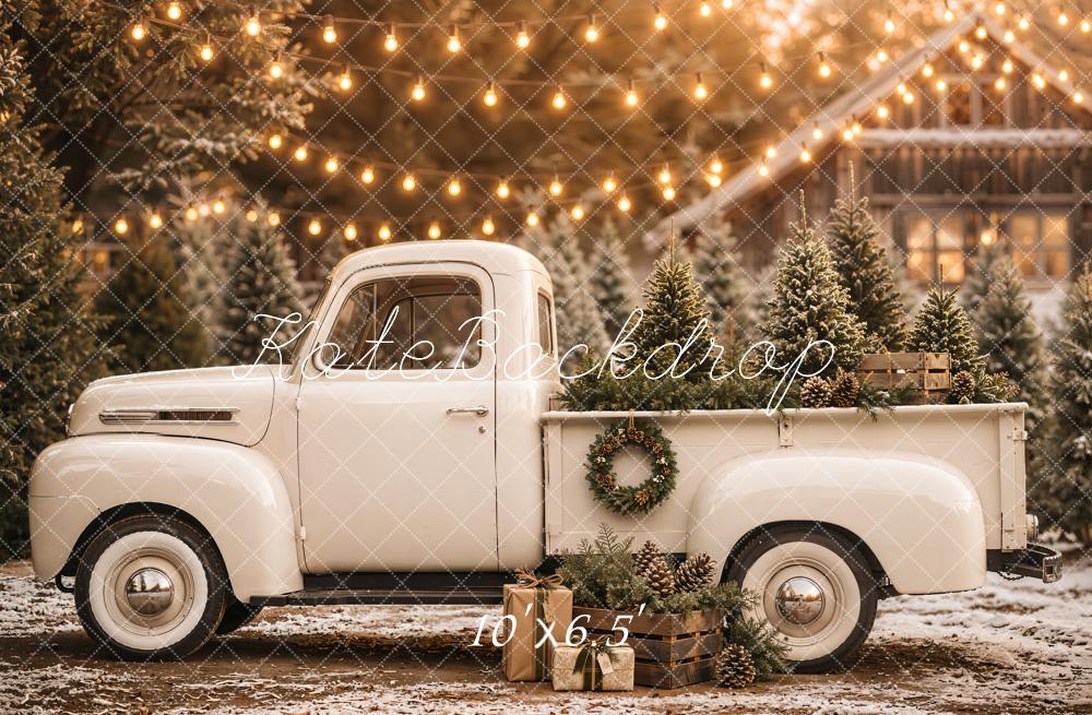 Kate Christmas Vintage Truck Pine Trees String Lights Printed Backdrop Designed by Emetselch