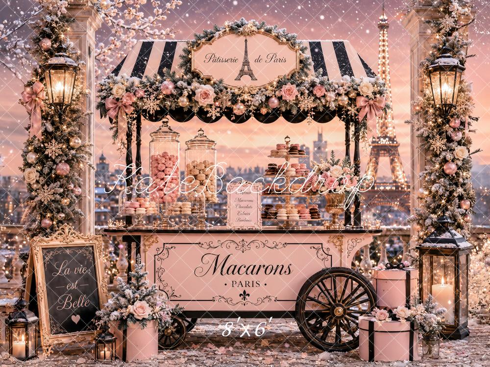 Kate Christmas Pink Paris Macaron Cart Lanterns Printed Backdrop Designed by Ashley Paul