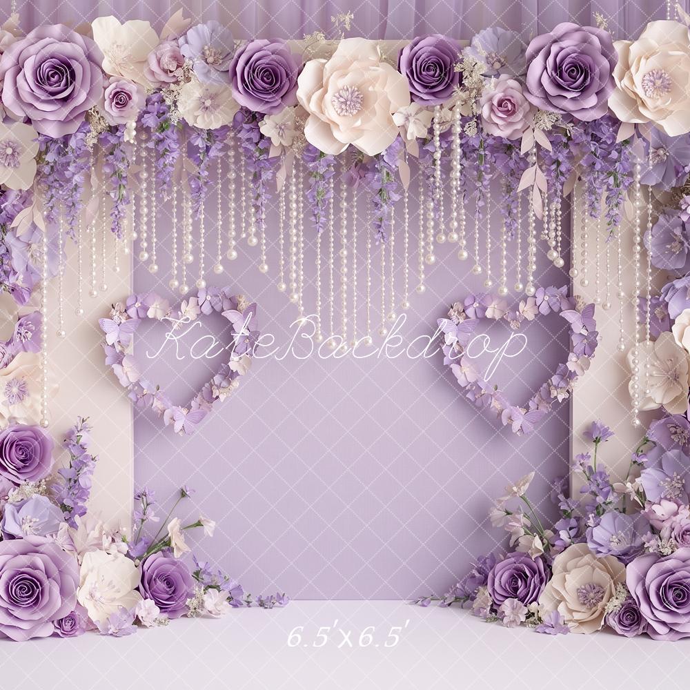 Kate Valentine's Day Purple Paper Flower Arch Pearls Printed Backdrop Designed by Angela Miller