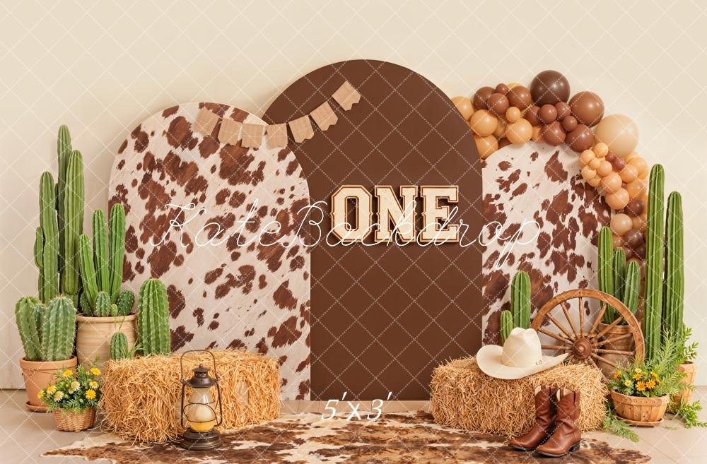 Kate Cake Smash Western Cow Print Cactus Hay One Birthday Printed Backdrop Designed by Emetselch