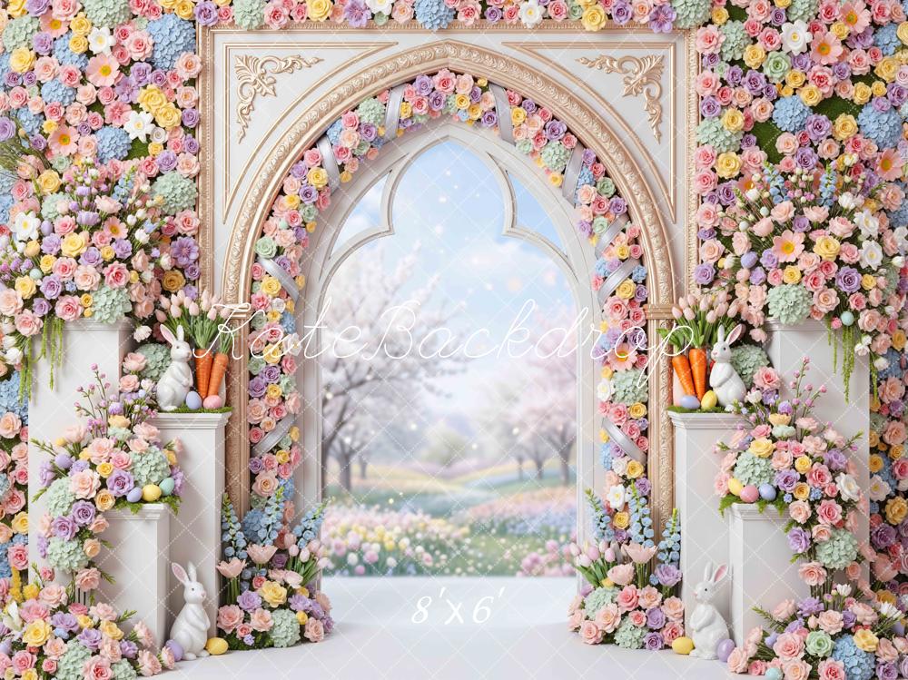 Kate Easter Bunny Flower Arch Pastel Garden Printed Backdrop Designed by Mini MakeBelieve