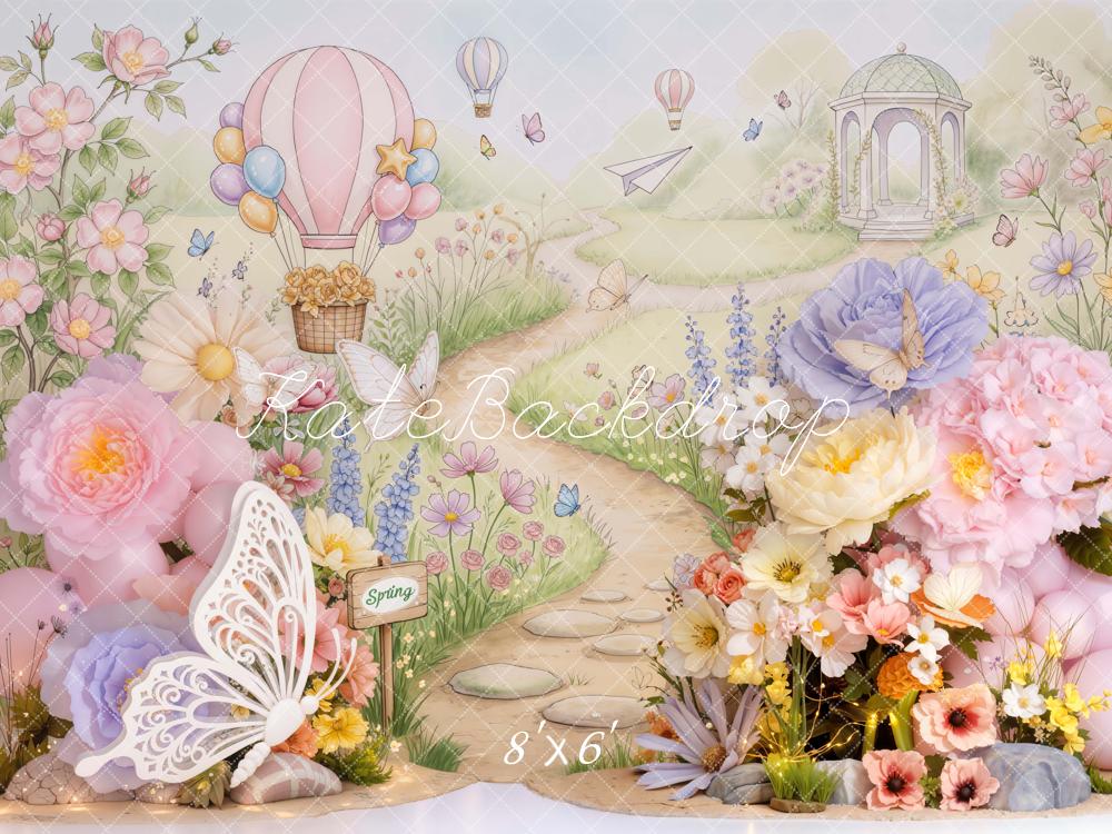 Kate Spring Butterfly Hot Air Balloon Floral Pathway Printed Backdrop Designed by Emetselch