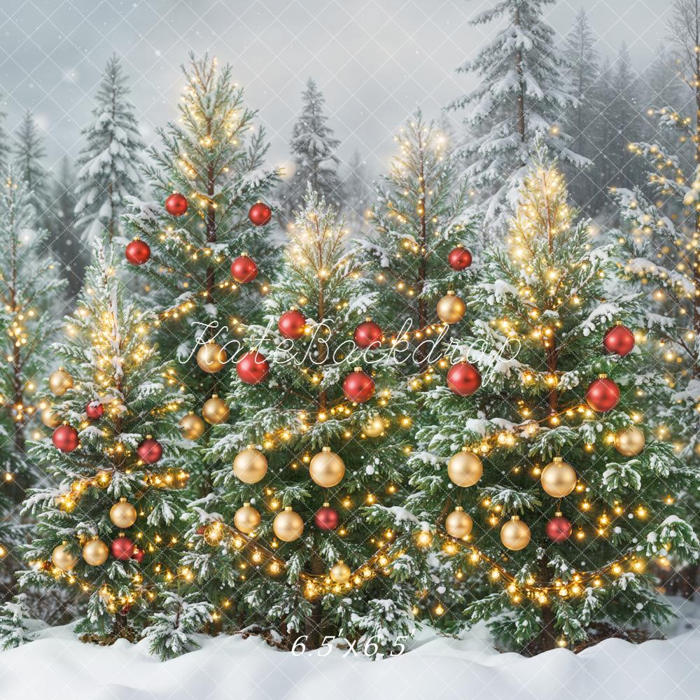 Kate Christmas Trees Snowy Forest Ornaments Lights Backdrop Designed by Emetselch