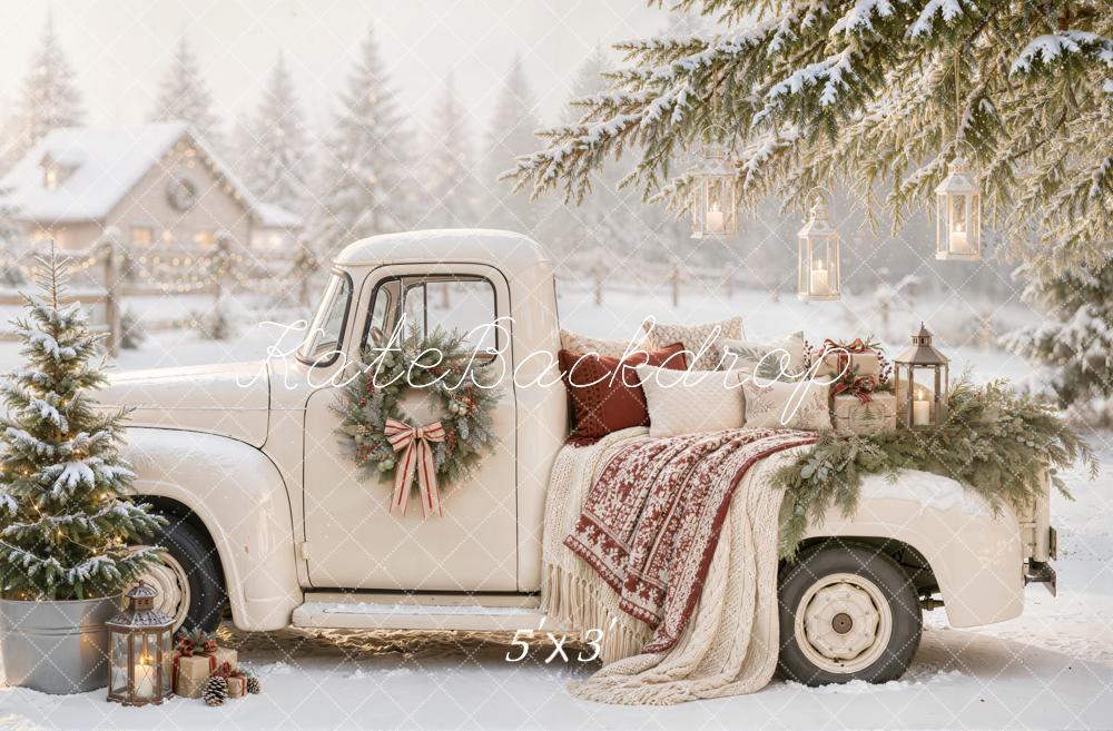 Kate Christmas Countryside Vintage White Truck Snowy Lanterns Blanket Printed Backdrop Designed by Emetselch