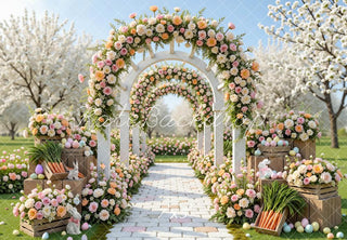 Kate Easter Bunny Flower Arch Pastel Eggs Garden Path Printed Backdrop Designed by Mini MakeBelieve