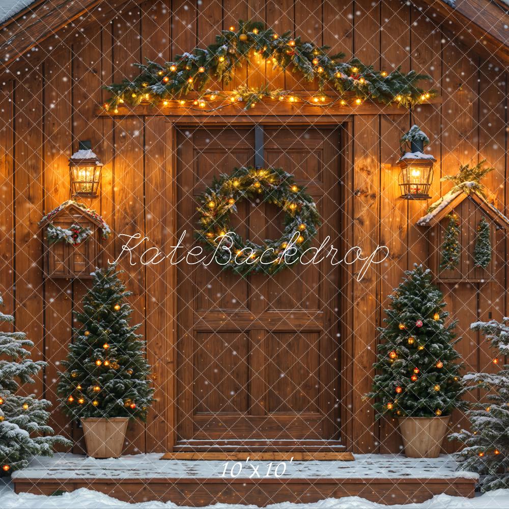 Fondo de Cabaña Navideña con Árboles Nevados