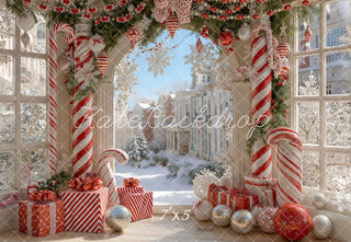 Kate Christmas Candy Cane Arch Window Printed Backdrop Designed by Emetselch