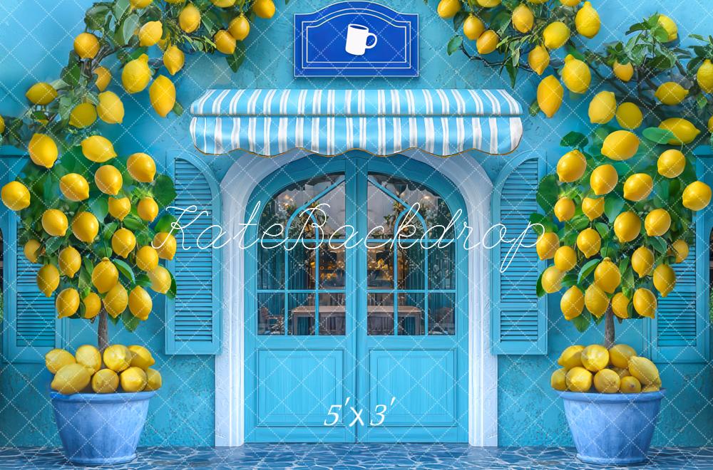 Kate Summer Lemon Cafe Shop Blue Door Backdrop Designed by Mini MakeBelieve