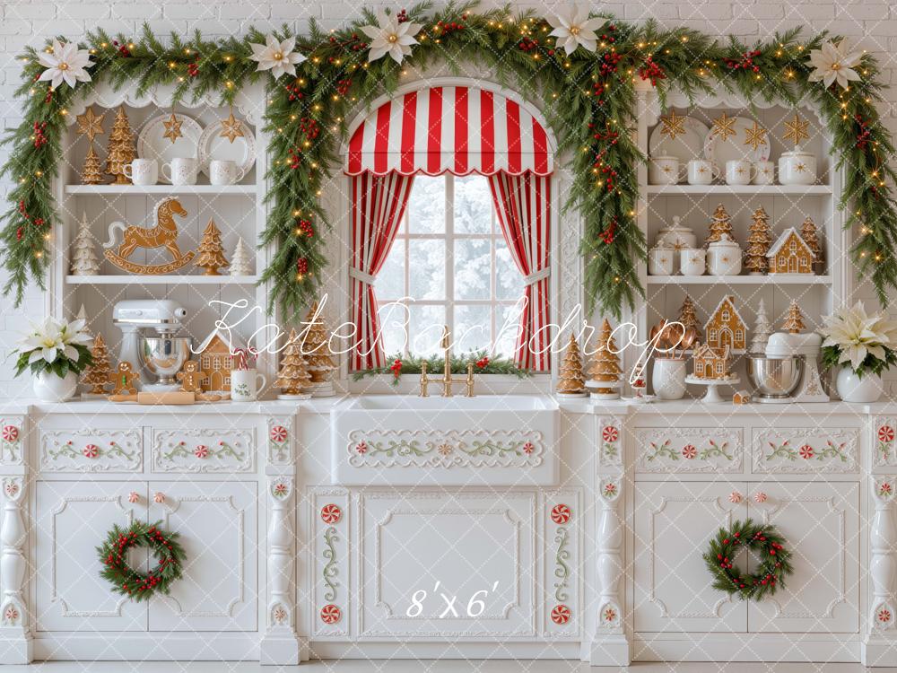 Kate Christmas Kitchen Gingerbread Garland Window Red Striped Printed Backdrop Designed by Mini MakeBelieve
